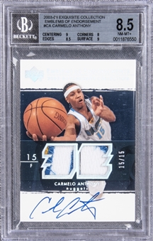 2003-04 UD "Exquisite Collection" Emblems of Endorsement #CA Carmelo Anthony Signed Game Used Patch Rookie Card (#15/15) – BGS NM-MT+ 8.5/BGS 10